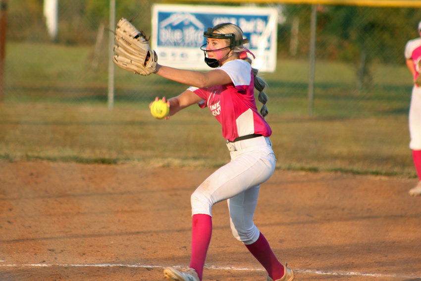 Holden freshman pitcher Jazmyn Brown winds a pitch against Carrollton on Thursday, Oct. 6, at the  Stub Memorial Sports Complex.