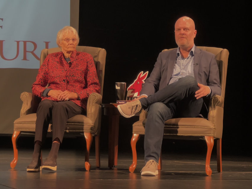 Millie Barnes, a former Jennies basketball coach and former member of the women&rsquo;s basketball Olympic committee, and Andrew Maraniss, a bestselling author, speak during a visit on Tuesday, Oct. 11 at the University of Central Missouri.