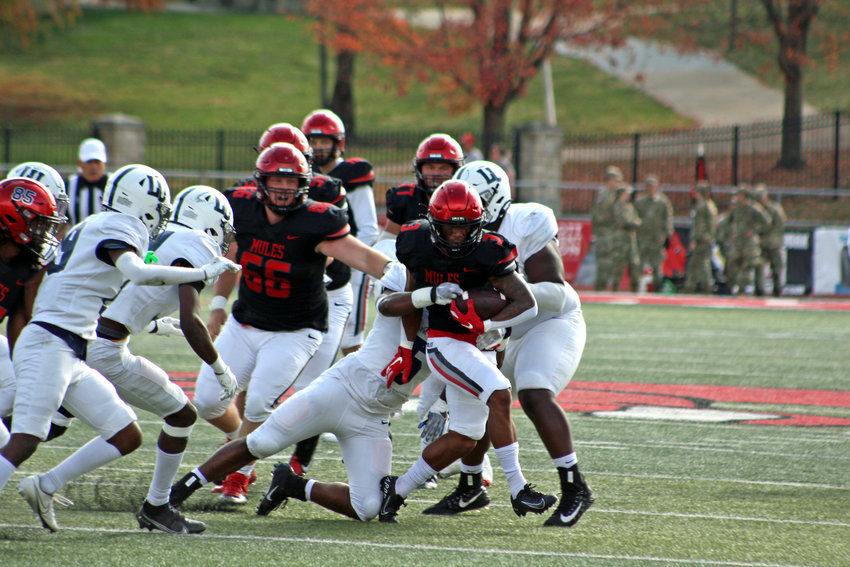 Central Missouri redshirt sophomore Avian Thomas rushes up field against Lincoln on Saturday, Oct. 29, at Walton Stadium.