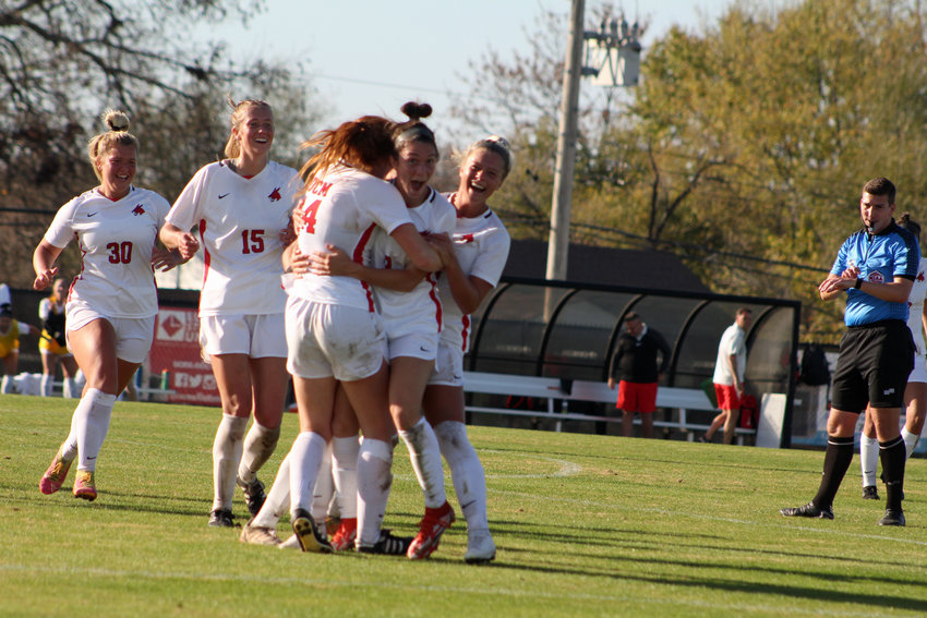 Jennies soccer celebrates Andree Orcutt&rsquo;s game-winning goal against Emporia State on Sunday, Nov. 6, at the UCM South Recreation Complex.