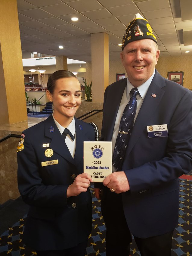JROTC Cadet Col. Madeline Souder and ROTC Chairman Alex Slocum, of Matthews-Crawford Post 131, pose for a photo after Souder received her 2022 Junior ROTC Cadet of the Year award from the American Legion Department of Missouri during a ceremony in October in Jefferson City.