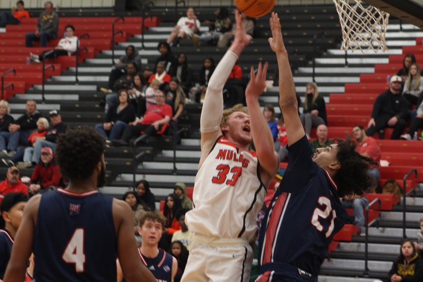 Central Missouri sophomore Ben Fritz posts a jumper against Newman on Saturday, Dec. 3, at the Multipurpose Building.