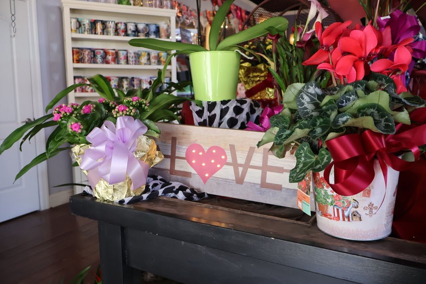 Valentine's Day decor is surrounded by flowers inside the Awesome Blossoms flower shop on Monday, Feb. 6 in downtown Warrensburg.&nbsp;