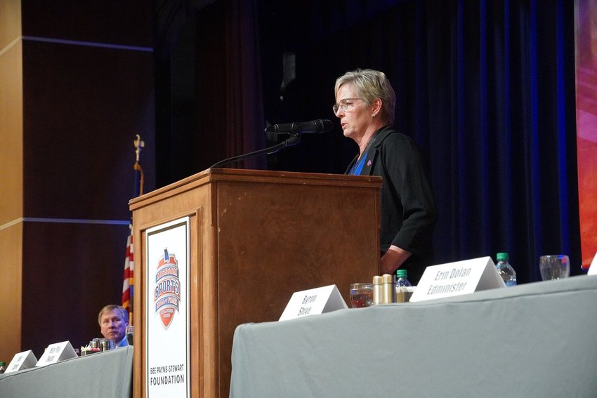 Former Holden volleyball head coach Julie Carver speaks during her induction to the Missouri Sports Hall of Fame on Wednesday, March 1, at the&nbsp;Oasis Hotel &amp;amp; Convention Center in Springfield.