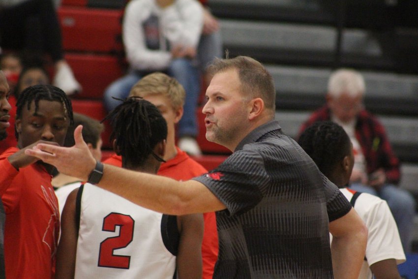 Pictured motioning in front of Mules basketball players, head coach Doug Karleskint and Central Missouri mutually parted ways after nine seasons in a move that was announced by the school Wednesday, March 1.&nbsp;