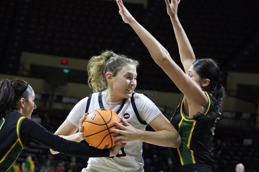 Central Missouri redshirt freshman Brooke Littrell faces pressure against Missouri Southern in the MIAA Championships title game Sunday, March 5, at the Municipal Auditorium in Kansas City.