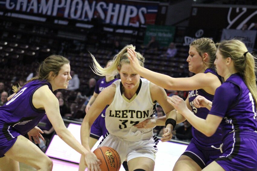 Leeton senior Jadeyn Johnson faces pressure against Meadville in the MSHSAA Class 1 semifinal round Thursday, March 9, at Great Southern Bank Arena in Springfield.