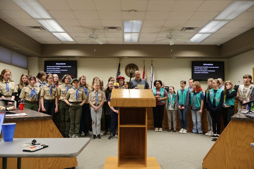 Scouts fill the Municipal Courtroom as Mayor Jim Kushner read the Women's Month Proclamation during the Monday, March 13 Warrensburg City Council meeting.