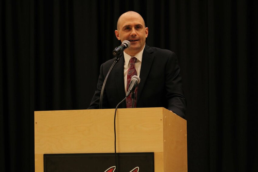 Mules basketball head coach Adam Bohac speaks during his introductory press conference Wednesay, March 29, at the Multipurpose Building.
