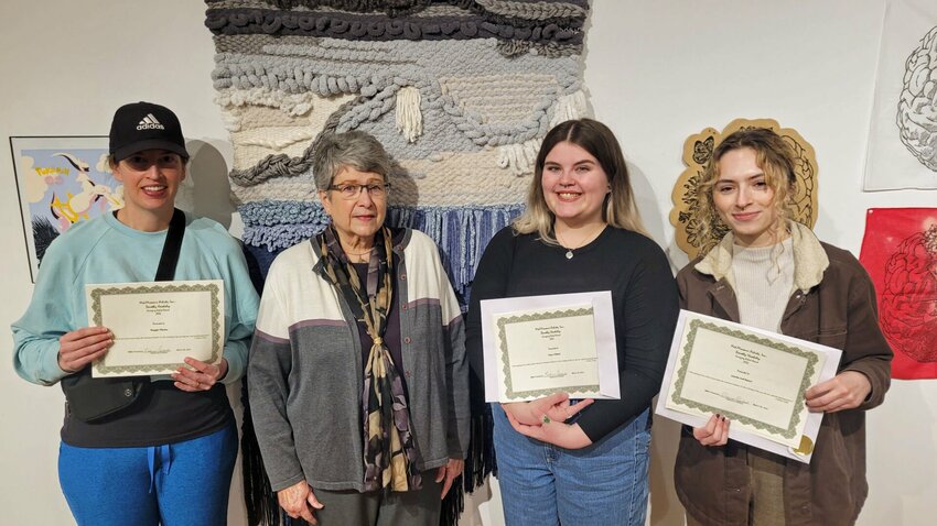 The Dorothy Hawksley 2023 Emerging Artist Scholarship recipients received their awards at the Citation Awards assembly March 29 in the University of Central Missouri Gallery of Art and Design. From left, Maggie Phelan, MMA President Rebecca Limback, Lizzy Elliott, and Amelia LaChance.   Photo courtesy of Mid-Missouri Artists.