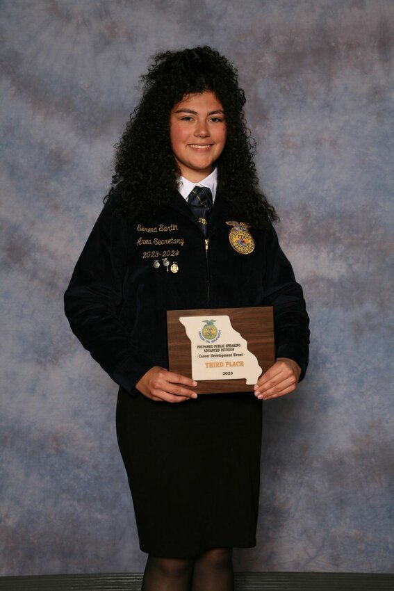 Serena Sartin of the Knob Noster FFA Chapter placed third in the advanced prepared public speaking leadership development event.   Photo courtesy of Missouri FFA