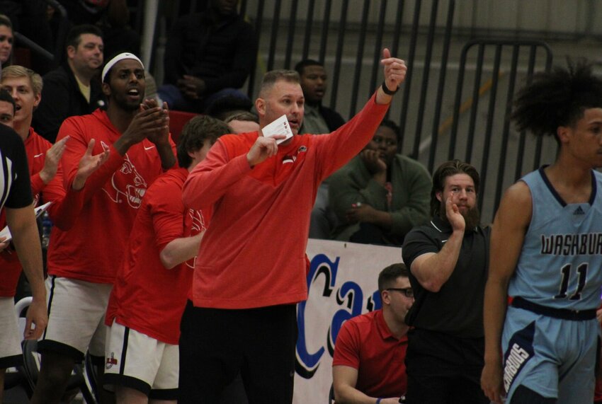 Central Missouri head coach Doug Karleskint guides the Mules agaisnt Washburn on Feb. 18, at the UCM Multipurpose Building.