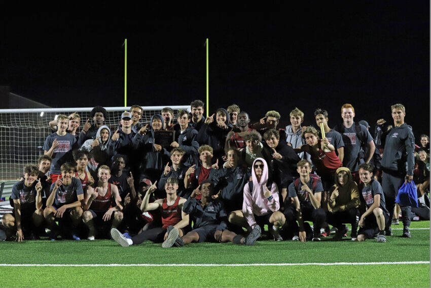 Warrensburg boys track and field poses for a team photo after winning a MRVC West title Friday, May 5, at the Warrensburg Activities Complex.&nbsp;