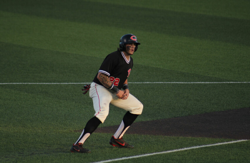 Central Missouri sophomore Vance Tobol leads off down the third base line against Rogers State on Saturday, May 6, at Crane Stadium.