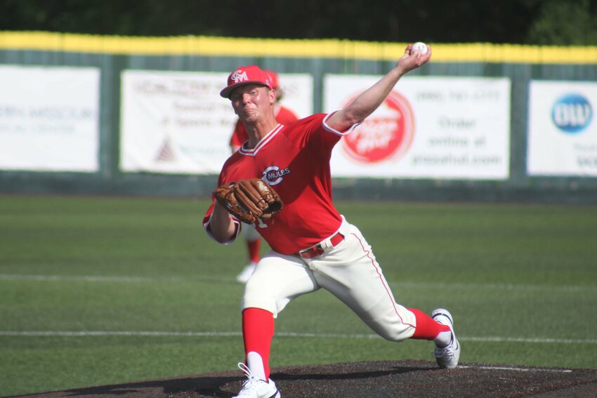 Central Missouri redshirt junior Cole Schroeder throws a pitch against Missouri Southern in the MIAA Tournament title game Saturday, May 13, at Crane Stadium.