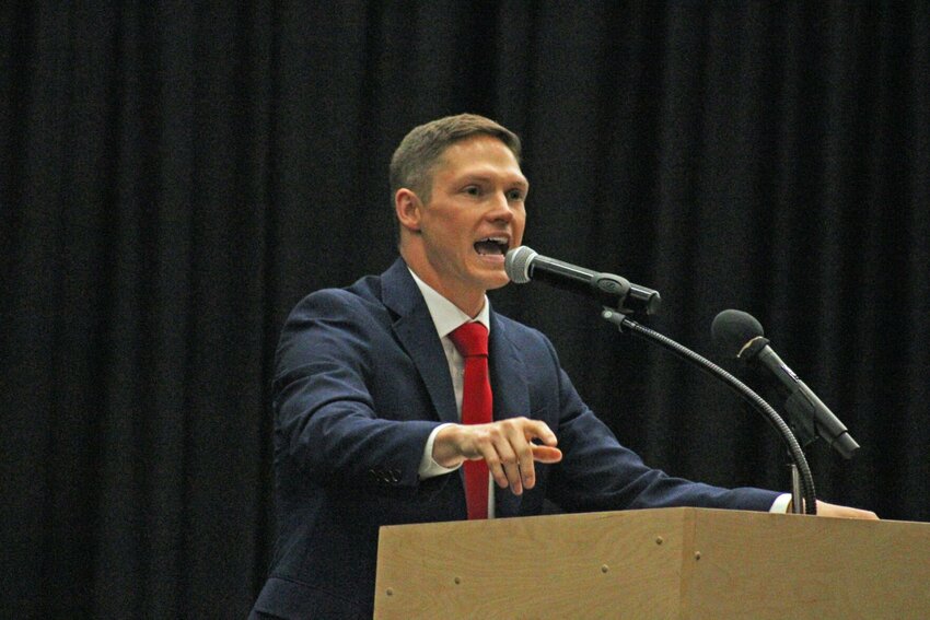 University of Central Missouri Vice President for Intercollegiate Athletics Matt Howdeshell speaks during his introductory press conference Friday, May 12, at the Multipurpose Building.&nbsp;