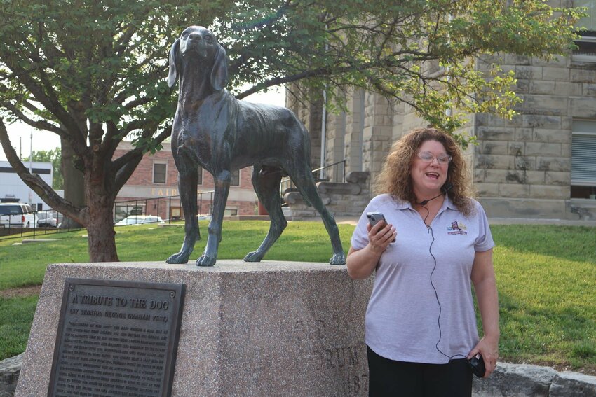 Warrensburg Main Street Executive Director Jill Purvis speaks about the launch of the new walking tour on Wednesday, May 17 in front of the Old Drum statue at the Johnson County Courthouse.