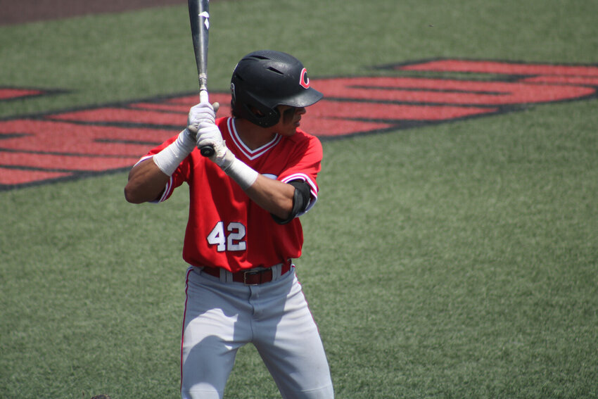 Central Missouri redshirt junior Mason Lowe takes an at-bat against Augustana in the NCAA Division II Central Region semifinal round Sunday, May 21, at Crane Stadium.