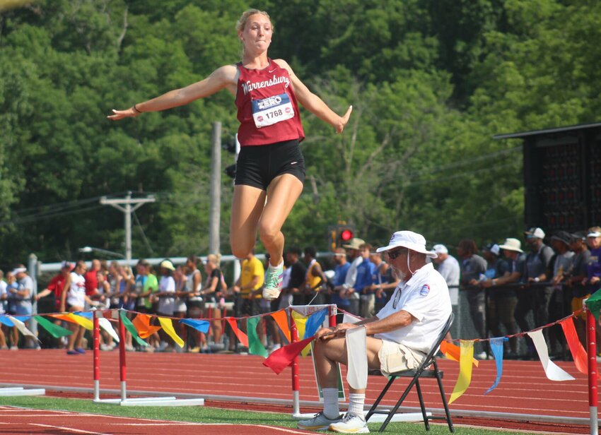 Warrensburg senior Grace Hill competes in the MSHSAA Class 4 Championships long jump Saturday, May 27, at Adkins Stadium in Jefferson City.