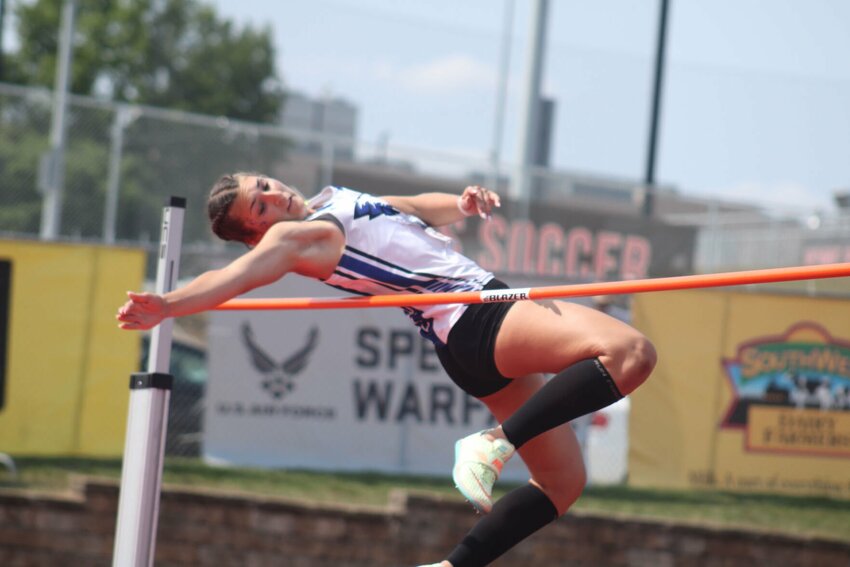Holden senior Marah Klover completes a high jump attempt during the MSHSAA Class 3 Championships Saturday, May 27, at Adkins Stadium in Jefferson City.&nbsp;