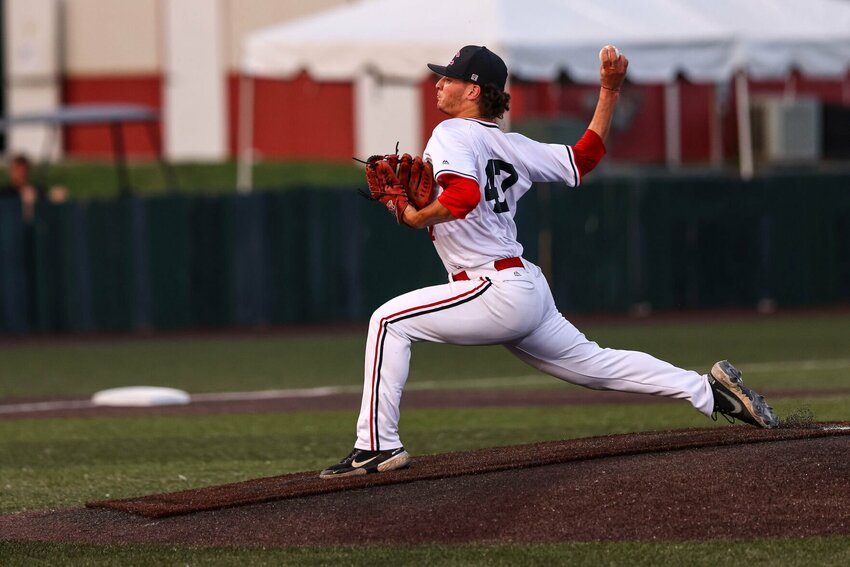 Central Missouri pitcher JD McReynolds throws a pitch against St. Cloud State on May 18 at&nbsp;Crane Stadium.&nbsp;
