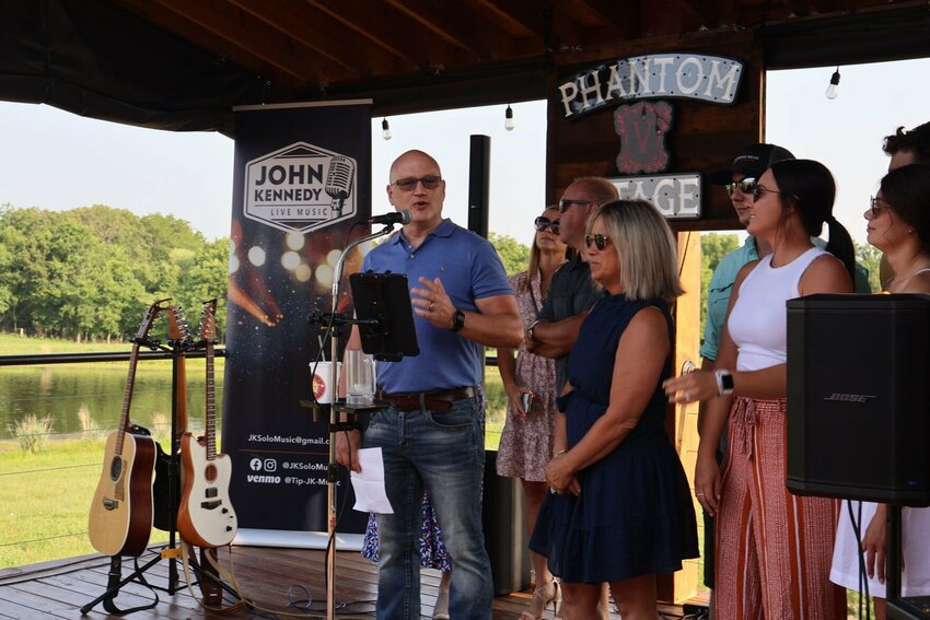 State Sen. Denny Hoskins, R-Warrensburg, surrounded by family, announces to the community that he will be running for Secretary of State in the 2024 election on Tuesday, June 6 at Colton's Steak House &amp;amp; Grill in Warrensburg.&nbsp;