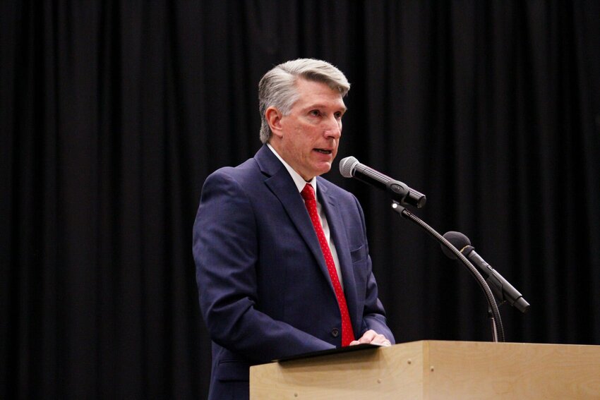 University of Central Missouri President Roger Best speaks during Vice President for intercollegiate Athletics Matt Howdeshell's introductory press conference May 12. Best has been named as the next chair of the MIAA CEO Council.&nbsp;