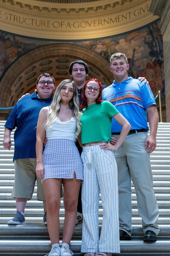 West Central Electric Cooperative CYCLE delegates spend an afternoon at the Missouri State Capitol Building during the recent three-day conference in Jefferson City. Front row (l-r) Samantha Meyer and Cailey Verdeja. Back row (l-r) Bradley Guernsey, Michael Dean and Mason Weber.