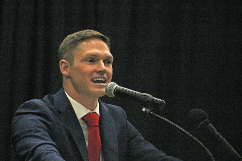 UCM Vice President for Intercollegiate Athletics Matt Howdeshell speaks during his introductory press conference May 12 at the Multipurpose Building. Howdeshell recently announced a reorganization of the athletic department's administration.&nbsp;
