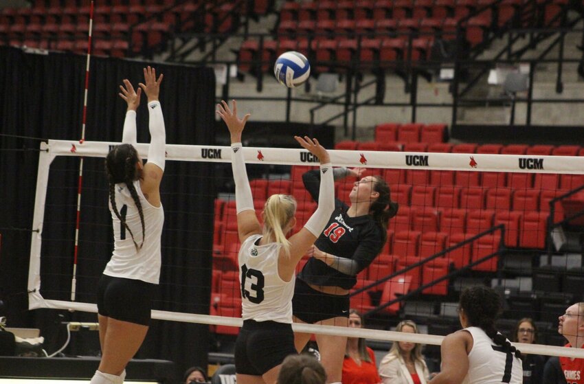 Central Missouri redshirt sophomore Grace Southern goes up for an attack against Northwest Missouri on Sept. 7, 2022, at the UCM Multipurpose Building.