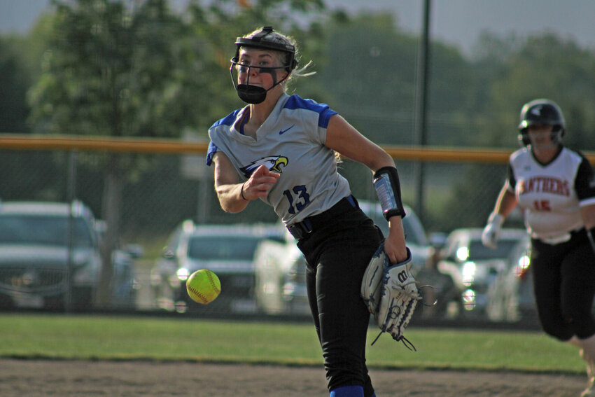 Holden sophomore Jazzy Brown winds a pitch against Knob Noster on Tuesday, Sept. 5, at the Knob Noster Sports Complex.