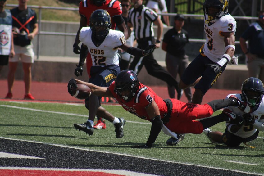Central Missouri redshirt senior Arkell Smith dives into the endzone for a touchdown against Central Oklahoma on Saturday, Sept. 9, at Walton Stadium.
