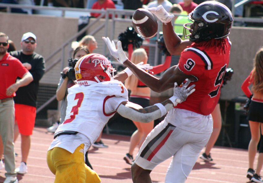 Central Missouri redshirt sophomore Michael Fitzgerald hauls in a touchdown reception against Pittsburg State on Saturday, Sept. 16, at Walton Stadium.