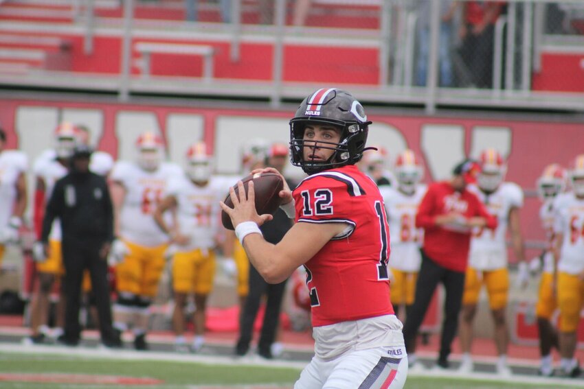 Central Missouri redshirt junior quarterback Zach Zebrowski drops back for a pass against Pittsburg State on Satruday, Sept. 16, at Walton Stadium.