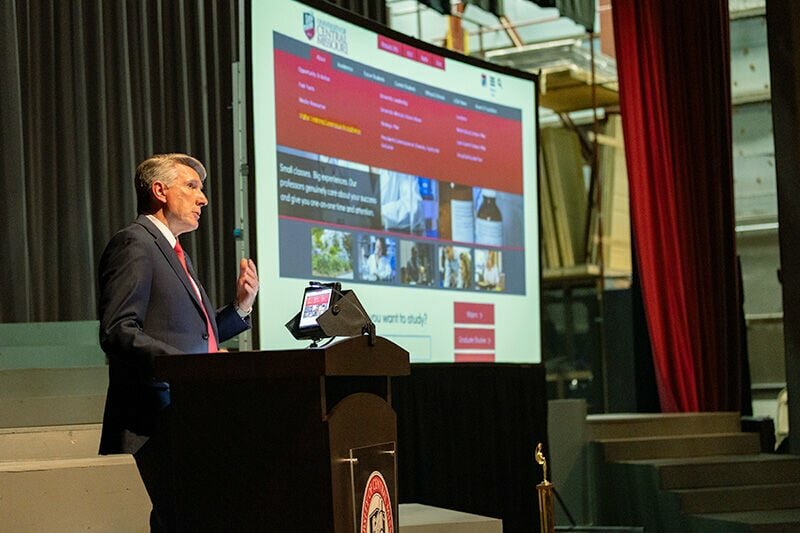 Roger Best, Ph.D., presents his sixth annual State of the University address as president of the University of Central Missouri, this year from the James L. Highlander Theatre stage.