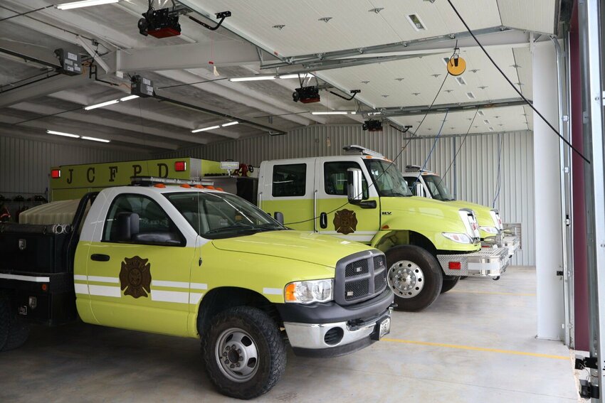 The Johnson County Fire Protection District vehicles are lined up in the new station.&nbsp;