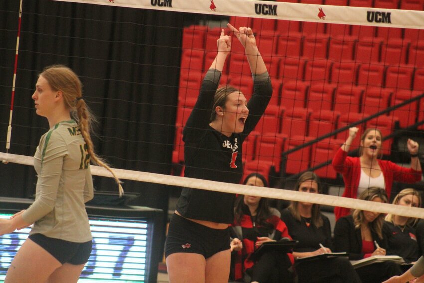 Central Missouri freshman Elinor Engel celebrates a point against Missouri Southern on Tuesday, Oct. 3, at the Multipurpose Building.