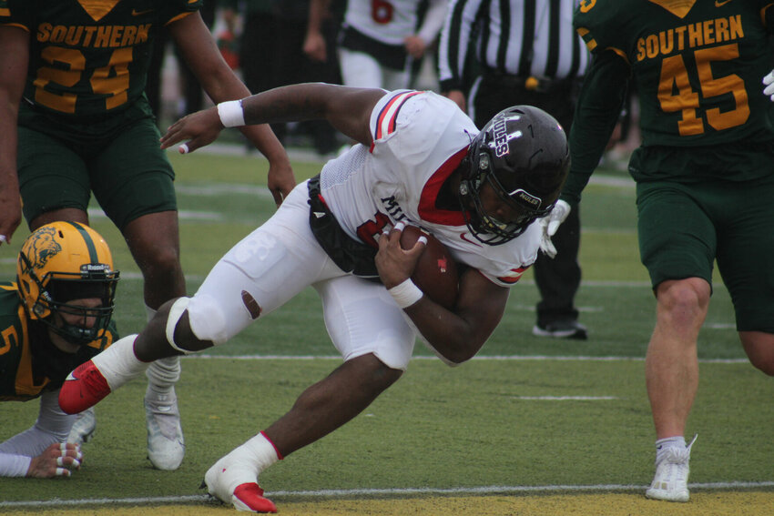 Central Missouri sophomore running back Marcellous Hawkins dives into the endzone for a touchdown against Missouri Southern on Saturday, Oct. 28, at Fred G. Hughes Stadium in Joplin.