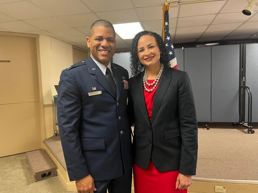 Guest speaker Col. Illyna K. Thomas, of Whiteman Air Force Base, and his wife pose for a photo at the Veterans Day ceremony hosted by VFW Post 2513 and American Legion Post 131 on&nbsp;Friday, Nov. 10 at the American Legion.