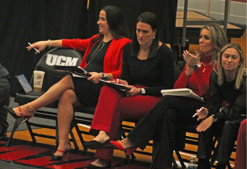 Central Missouri head coach Caitlin Peterson and staff watch from the bench against Nebraska-Kearney on Saturday, Nov. 11, at the Multipurpose Building.