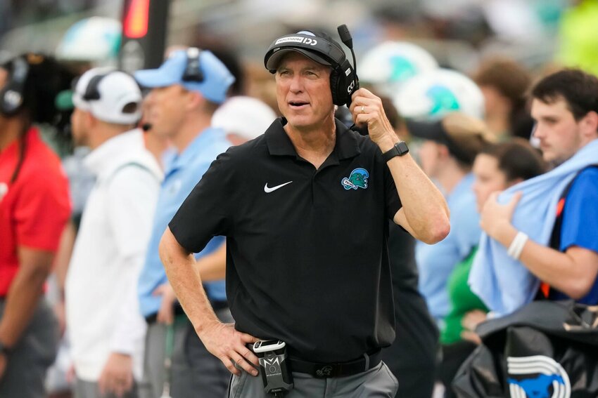 Tulane head coach Willie Fritz watches from the sideline during the first half of the American Athletic Conference Championship NCAA college football game against SMU, Saturday, Dec. 2, 2023 in New Orleans. (AP Photo/Gerald Herbert)