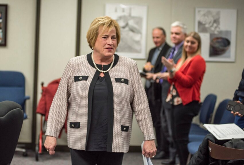 Karla Eslinger enters the State Board of Education meeting Tuesday, Dec. 5. Eslinger will secede Commissioner of Education Margie Vandeven, the board announced Tuesday.   Photo by Annelise Hanshaw | Missouri Independent