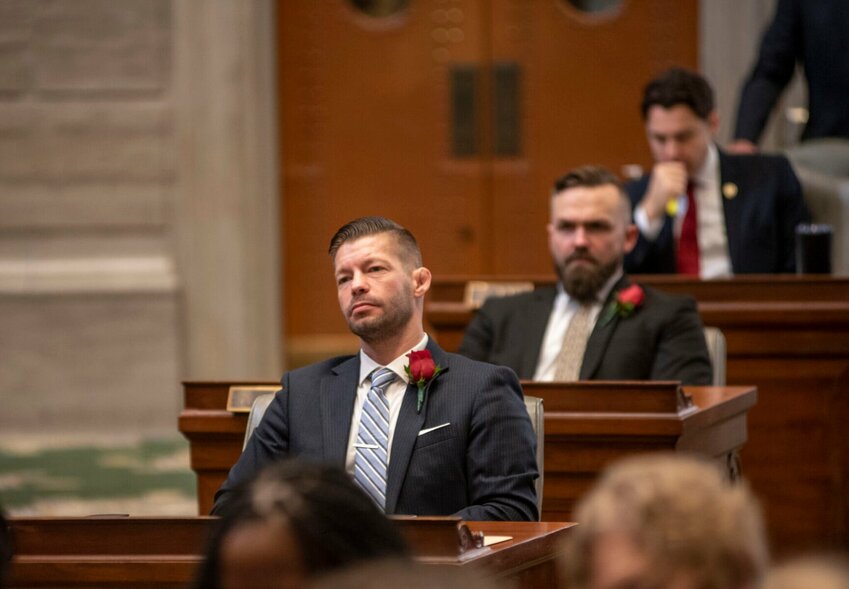 Sen. Ben Brown, R-Washington, listens during the first day of Missouri&rsquo;s legislative session Jan. 4, 2023. He pre-filed a bill aiming to give parents more access to curriculum and learning materials.   Photo by Annelise Hanshaw | Missouri Independent