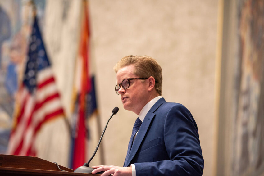 Missouri Senate President Pro Tem Caleb Rowden, R-Columbia, finishes his speech on the first day of the 2024 Legislative Session   Photo by Annelise Hanshaw | Missouri Independent