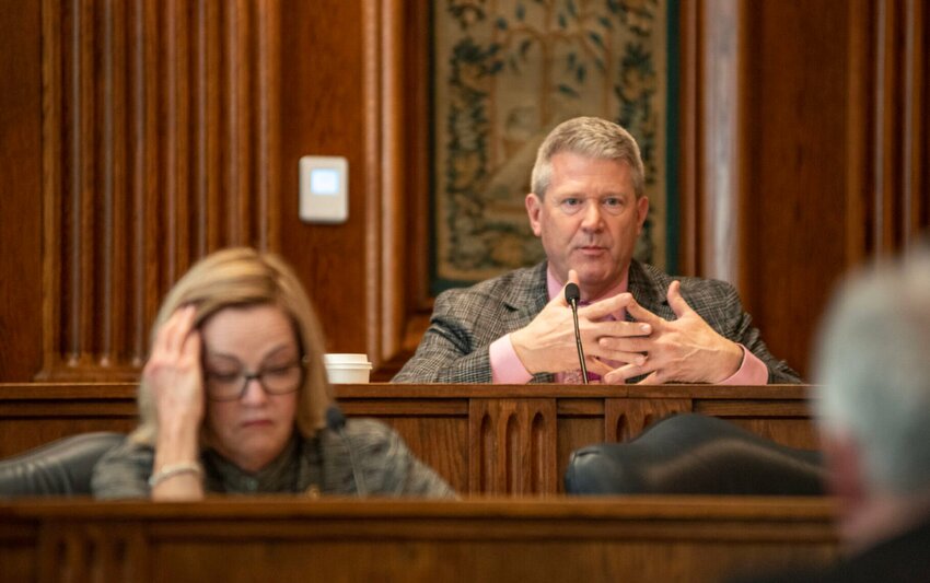Sen. Doug Beck, D-Affton, speaks during a Senate education and workforce development committee meeting April 4, 2023. He is one of three lawmakers in Missouri addressing the length of the school week in his pre-filed legislation.   Photo by Annelise Hanshaw | Missouri Independent