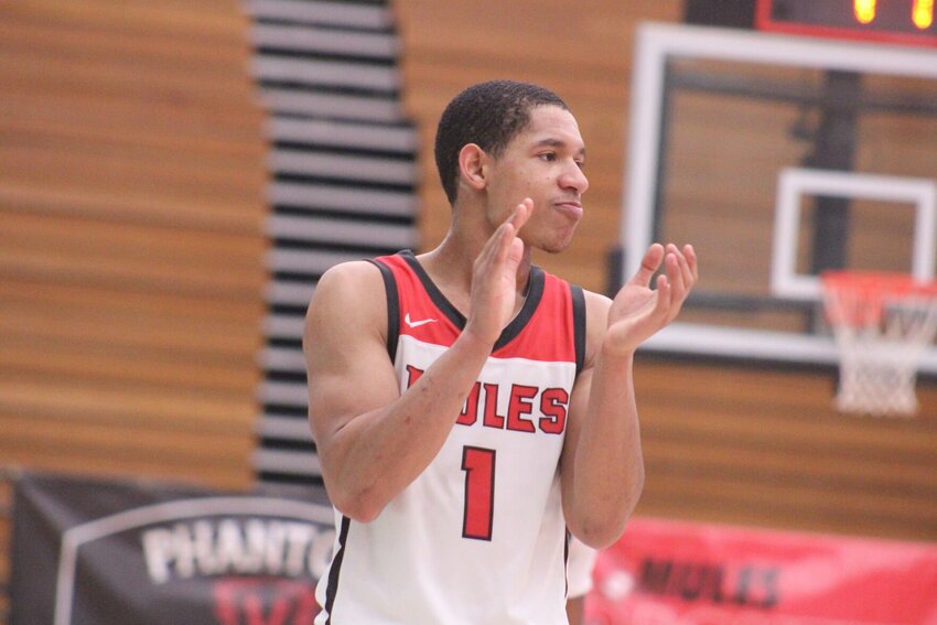 Central Missouri redshirt junior Jalen Knott celebrates Mules basketball&rsquo;s win against Washburn on Wednesday, Jan. 10, at the Multipurpose Building.