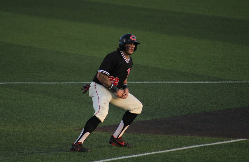 Central Missouri's Vance Tobol leads off from the third base line against Rogers State on May 6, 2023, at Crane Stadium.