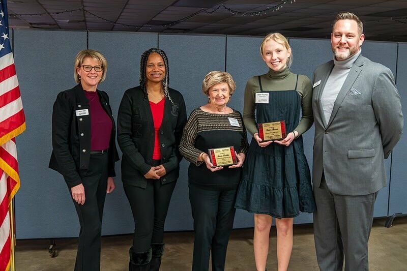 Warrensburg resident Sharon Franklin, third from left, and Warrensburg High School senior Claire Thomas, fourth from left, were honored during the Dr. Martin Luther King Networking Lunch and Community Service Awards conducted by the Warrensburg Chamber of Commerce and University of Central Missouri on Jan. 10. Joining in the event were, from left, Suzanne Taylor, Chamber executive director; Dr. Lover Chancler, UCM director of the Center for Multiculturalism and Inclusivity; and Joshua Detherage, chair of the Chamber Board of Directors.