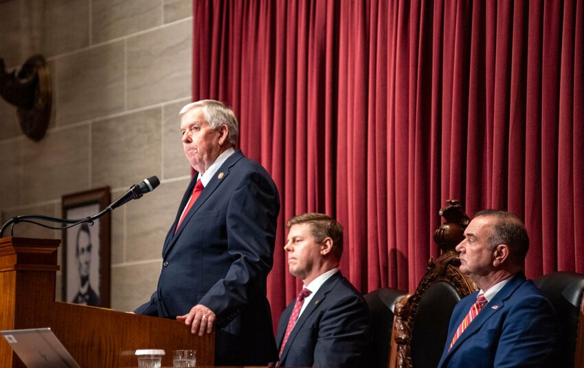 Missouri Gov. Mike Parson begins the annual State of the State speech on the House floor Wednesday with House Speaker Dean Plocher and Lieutenant Governor Mike Kehoe beside him&emsp;Photo by Annelise Hanshaw | Missouri Independent