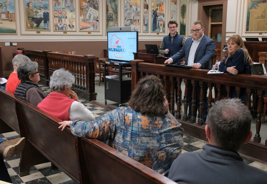 On Saturday, Jan. 27 at the Pettis County Courthouse, Missouri GOP representatives train dozens of people for the 2024 caucuses. Seen at the front of the courtroom, Chandler Hayes, Trey Faucheaux and Carla Young encouraged area republicans to attend the three upcoming caucuses.   Photo by Chris Howell | Sedalia Democrat